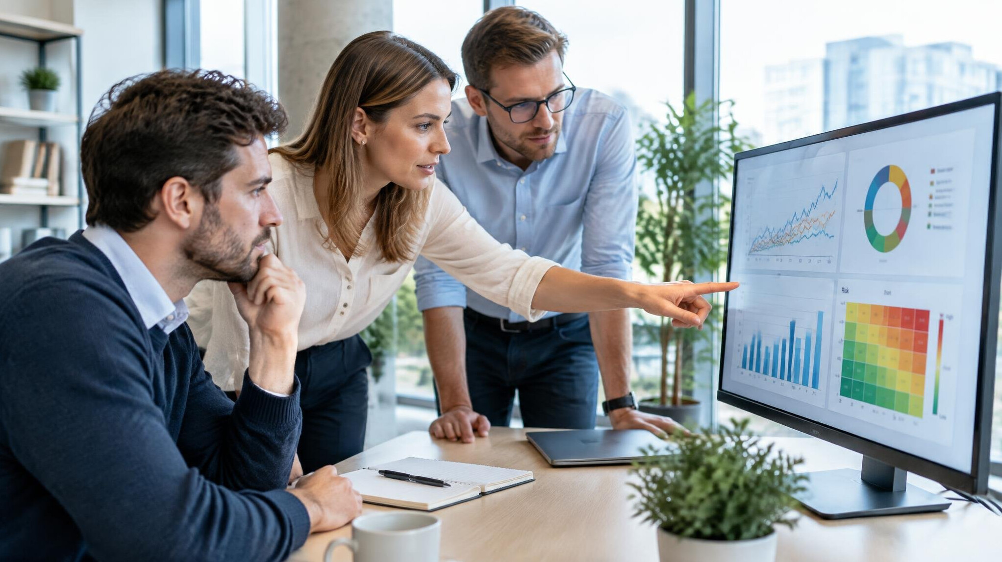 Team of professionals reviewing data charts on a computer screen in a modern office