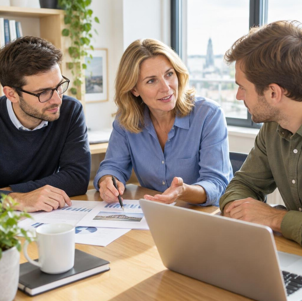 Small team of colleagues discussing documents around a table