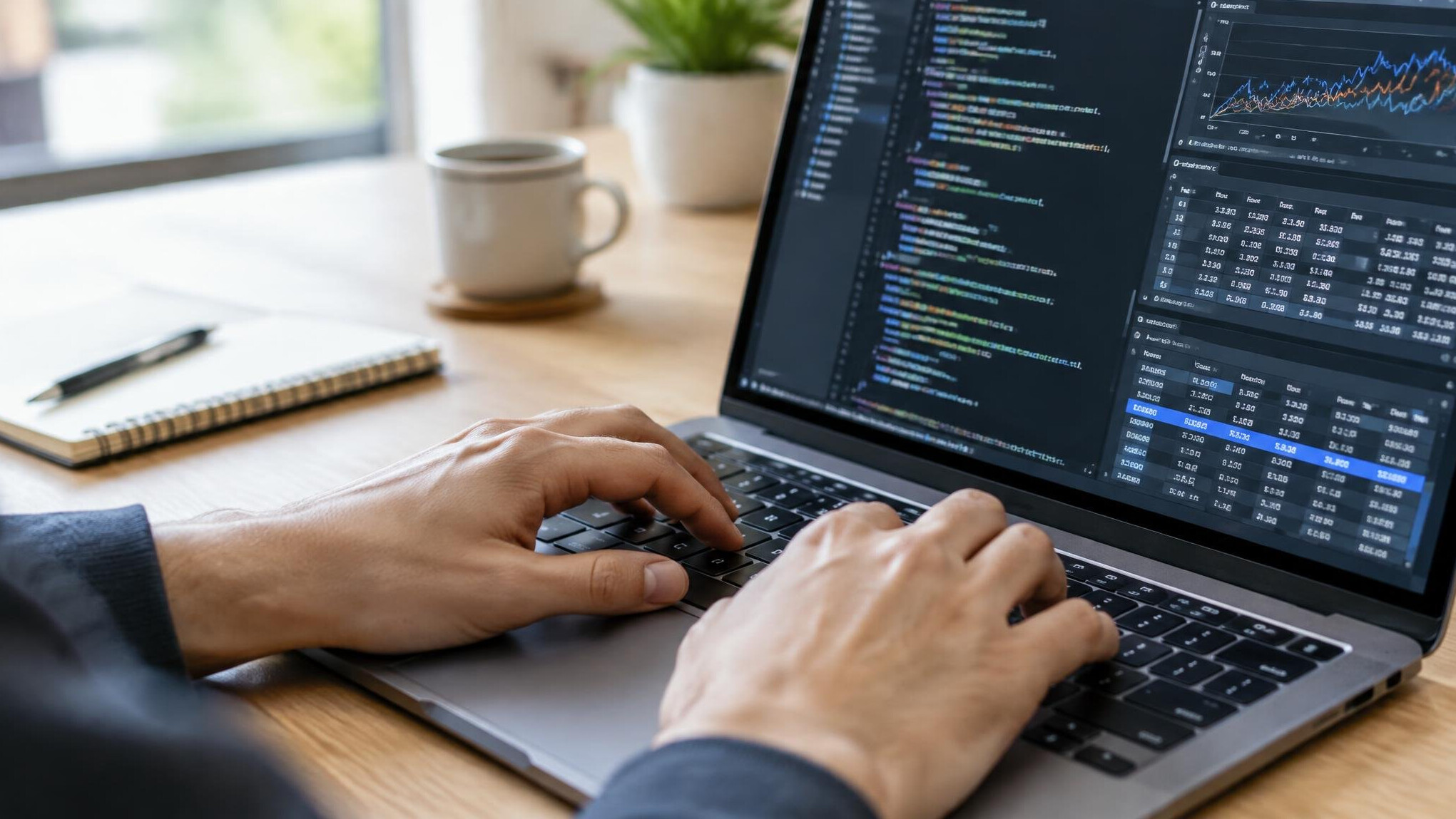 Close up of hands typing on a laptop keyboard with lines of code on the screen